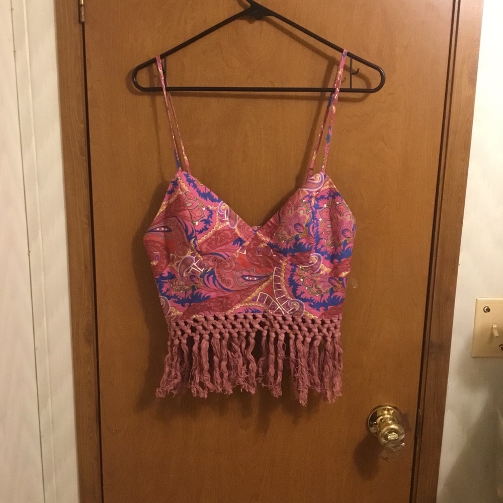 Shein Bohemian Paisley Floral Print Zipper Back Fringe Hem Cami Top L - Picture 4 of 7